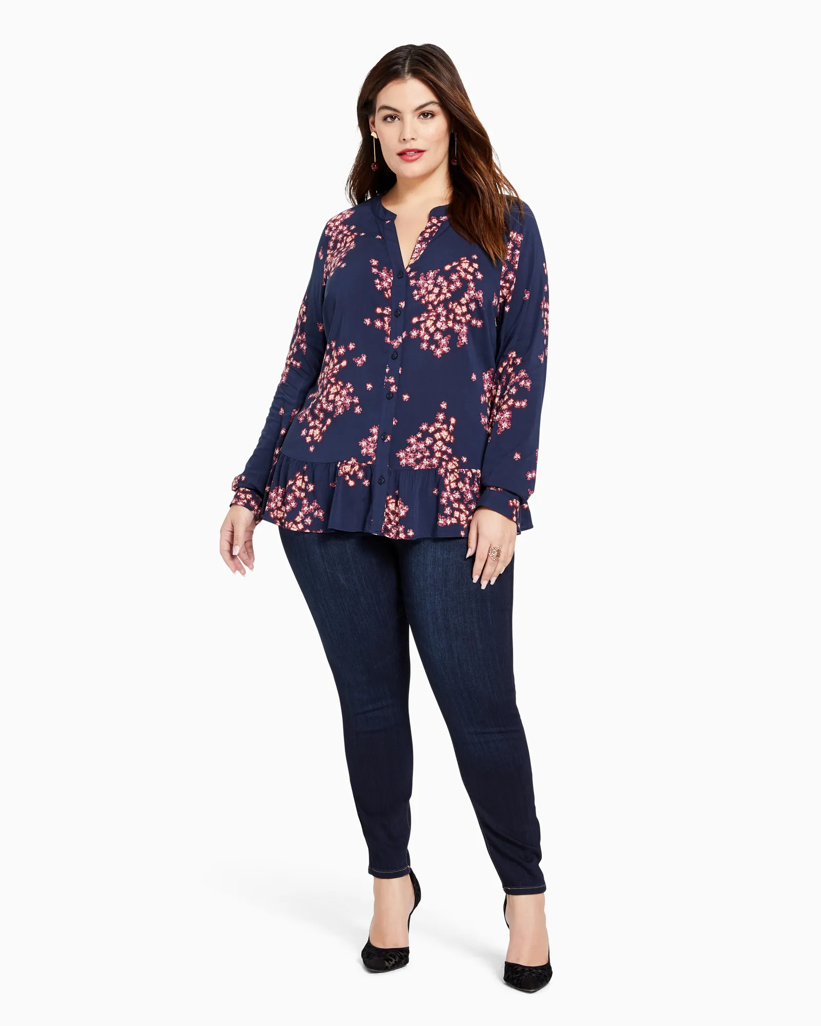 Alex Ruffled Button-Down Shirt | Navy / Burgundy