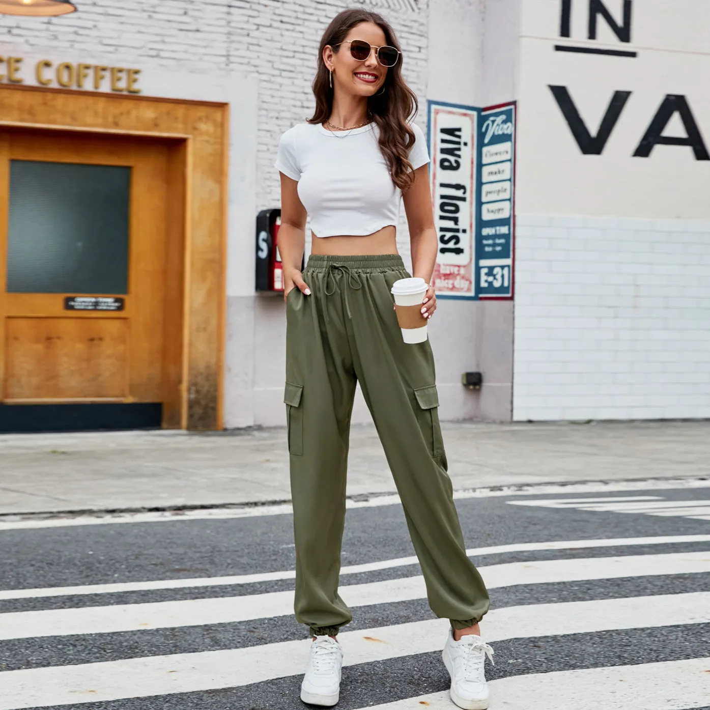 Casual Drawstring Solid Color Pockets Overalls Wholesale Pants