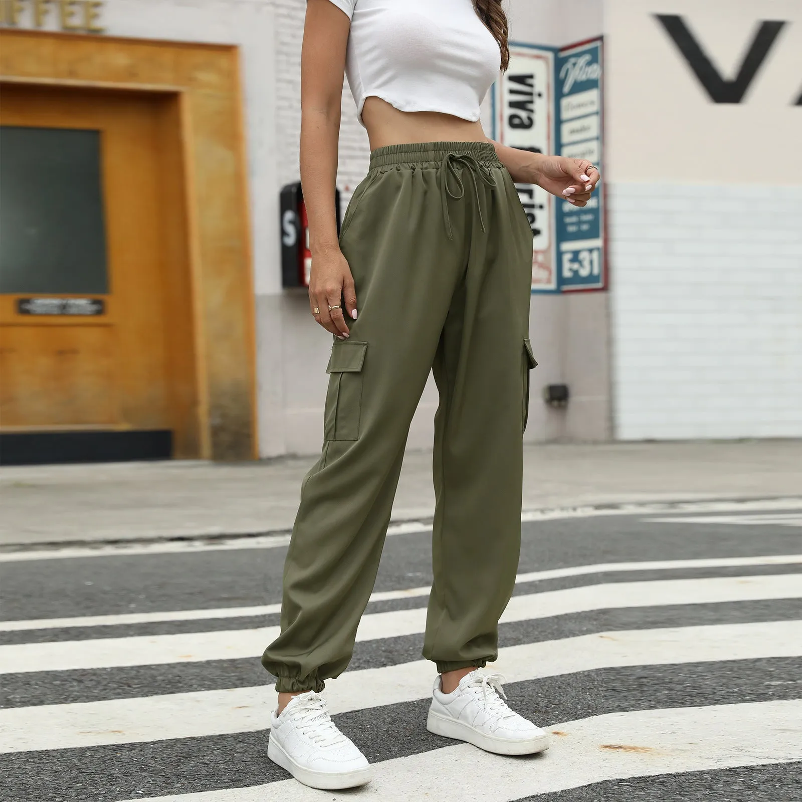 Casual Drawstring Solid Color Pockets Overalls Wholesale Pants