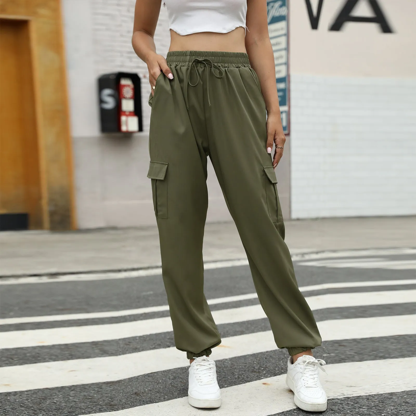 Casual Drawstring Solid Color Pockets Overalls Wholesale Pants