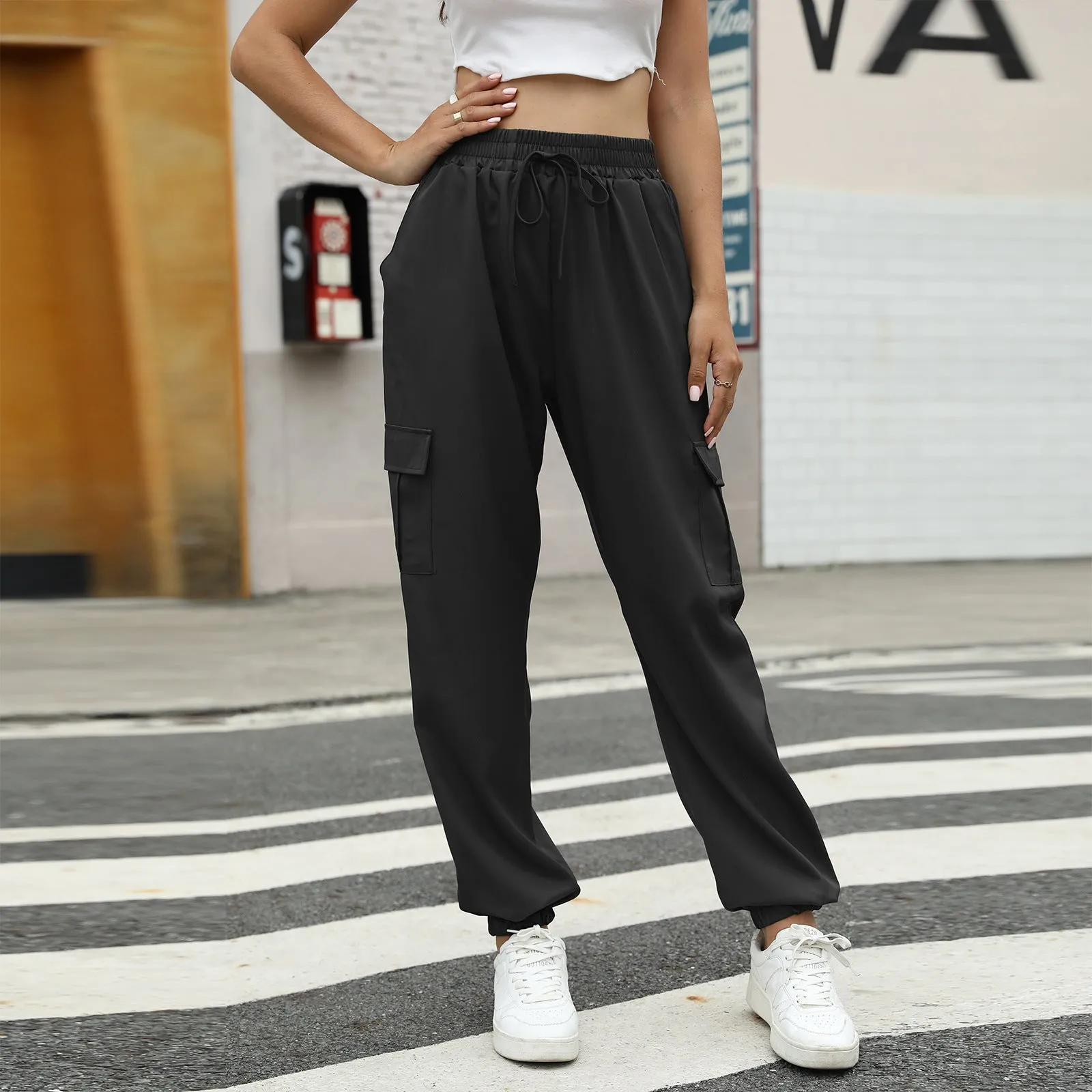 Casual Drawstring Solid Color Pockets Overalls Wholesale Pants