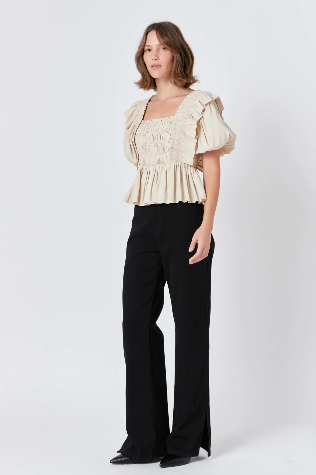 Endless Rose - Smocked Puff Sleeve Peplum Crop Top