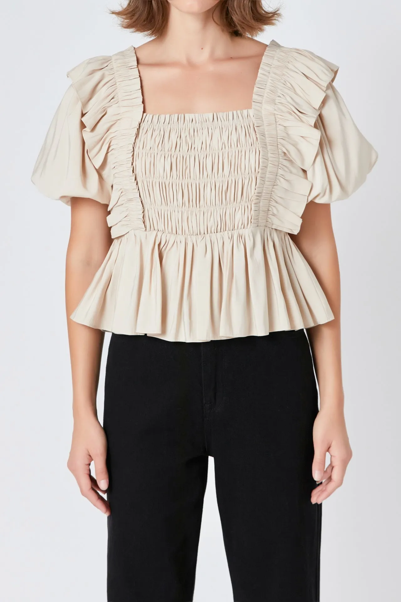 Endless Rose - Smocked Puff Sleeve Peplum Crop Top