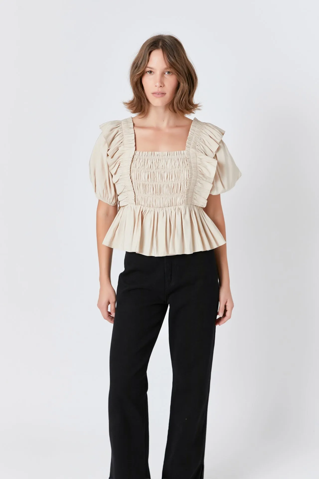 Endless Rose - Smocked Puff Sleeve Peplum Crop Top