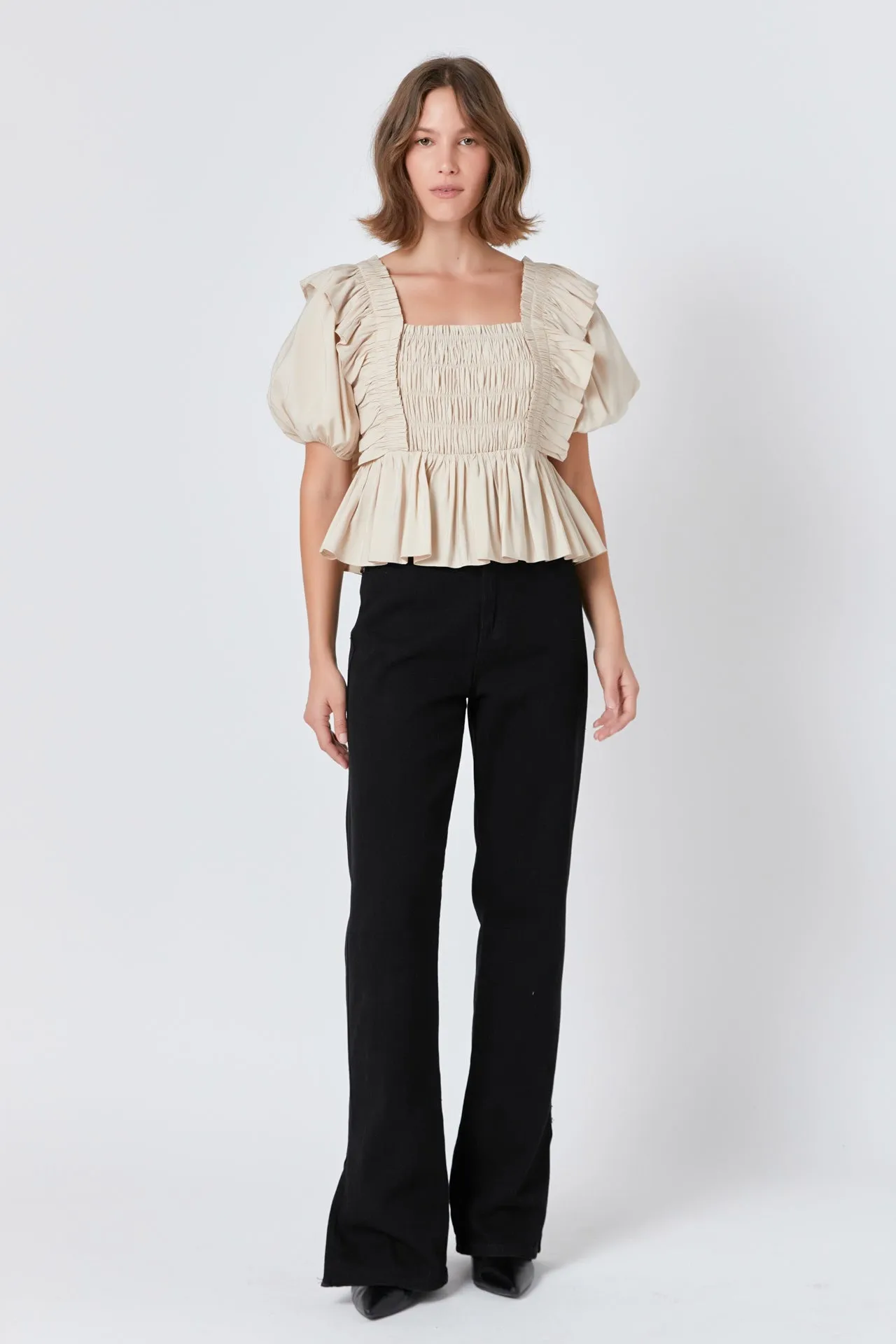 Endless Rose - Smocked Puff Sleeve Peplum Crop Top