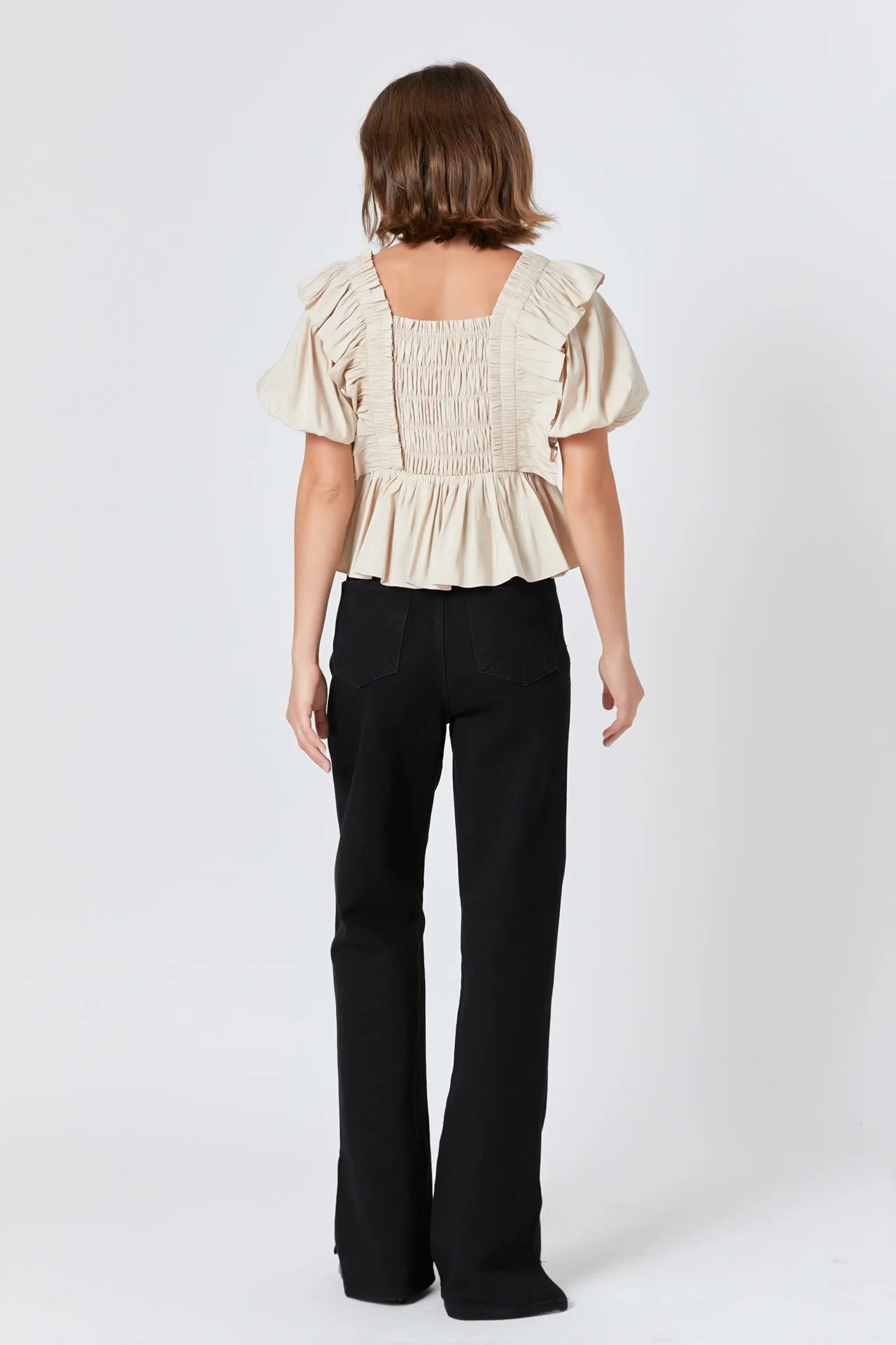 Endless Rose - Smocked Puff Sleeve Peplum Crop Top