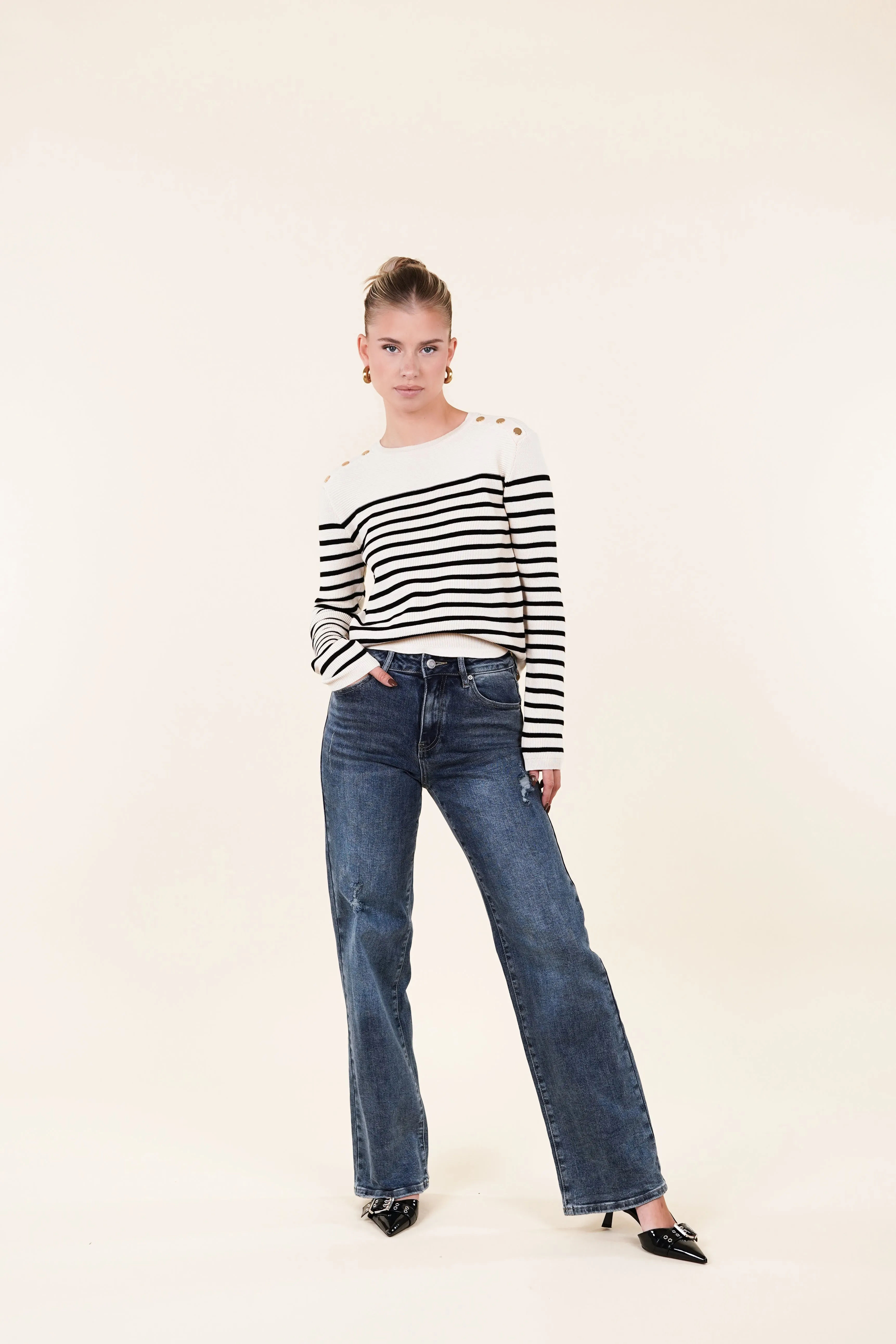Gestreepte top met gouden details beige - Pepper