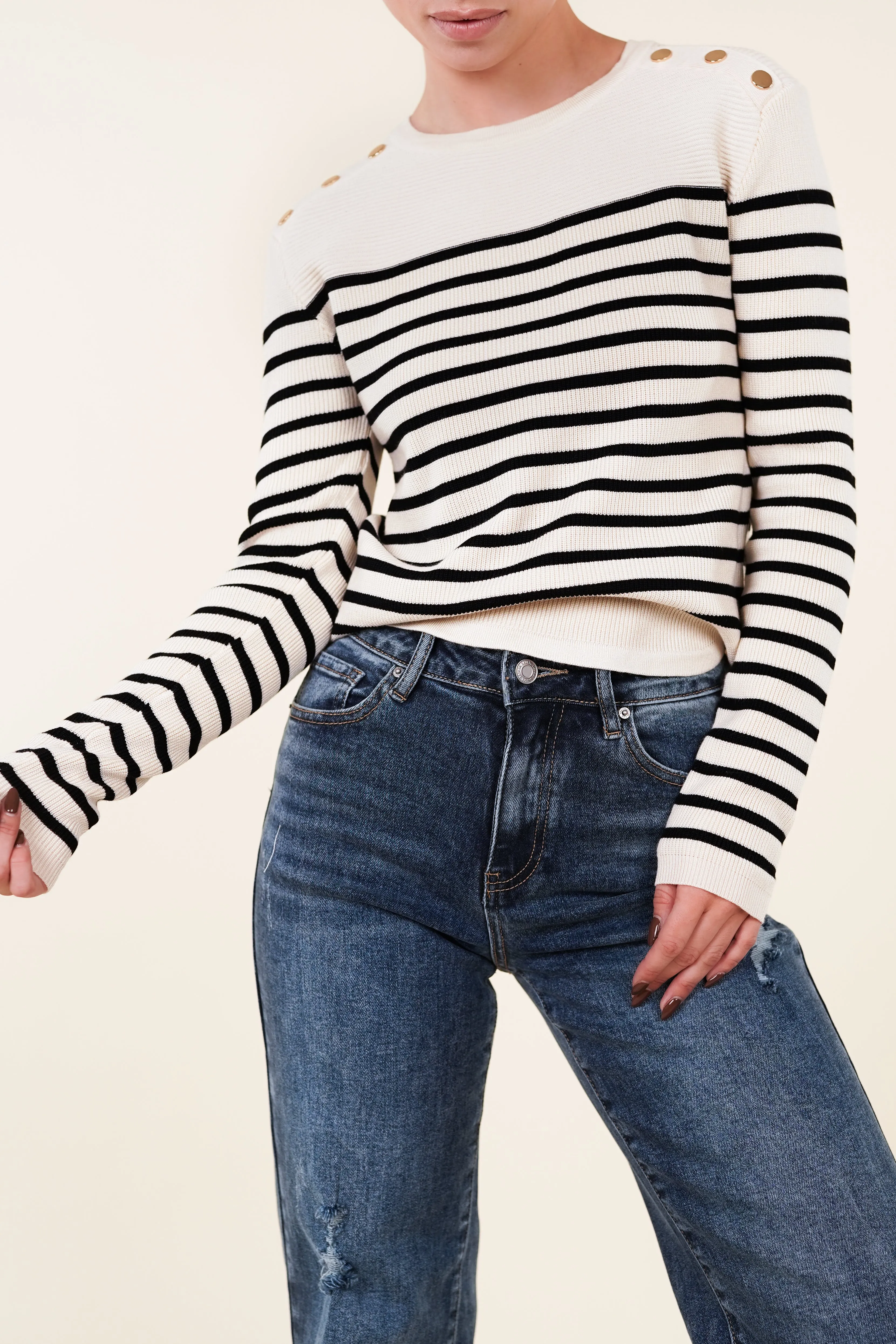 Gestreepte top met gouden details beige - Pepper
