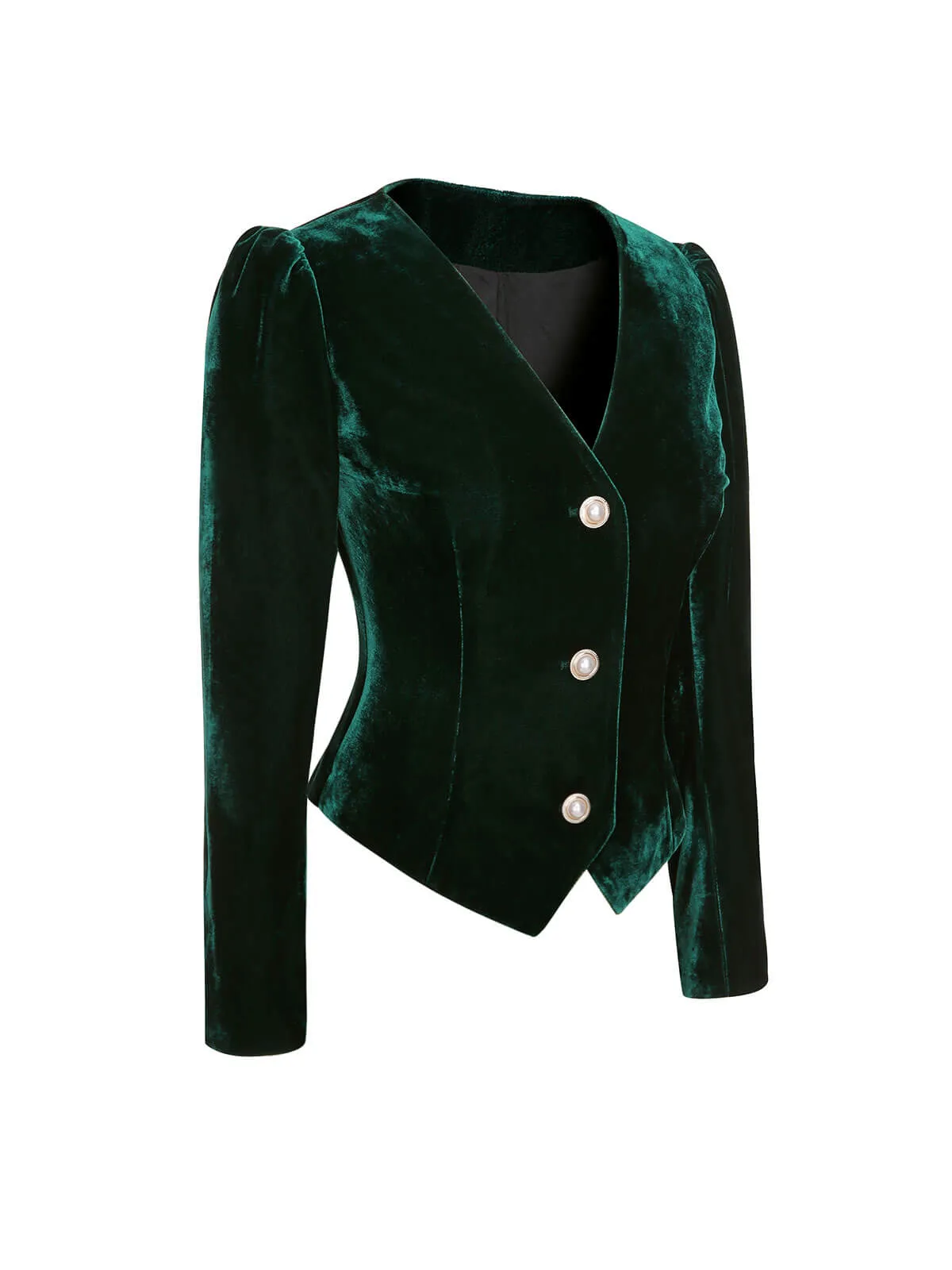 Green 1960s V-Neck Short Velvet Coat