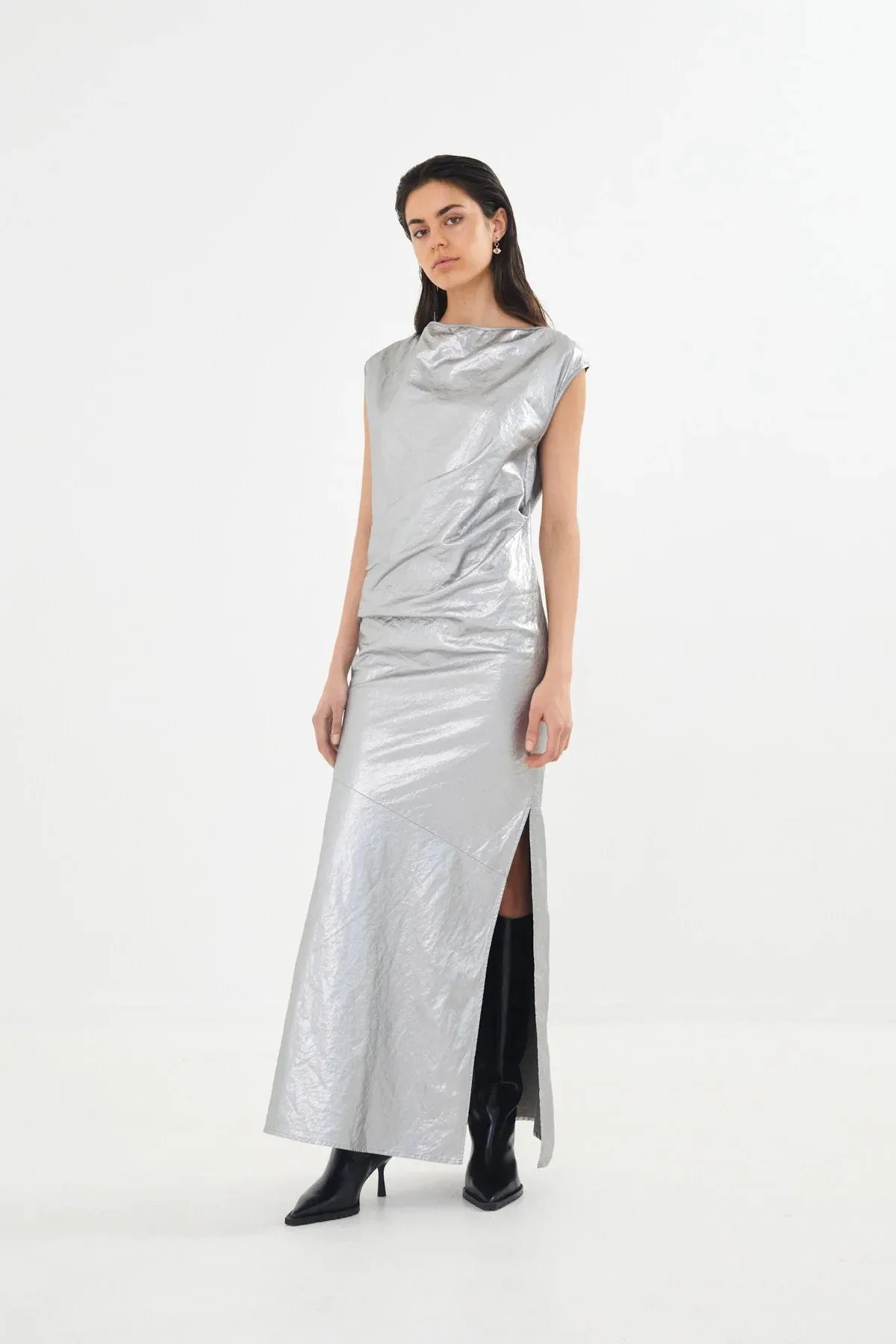 Jamal Draped Dress in Antique Silver