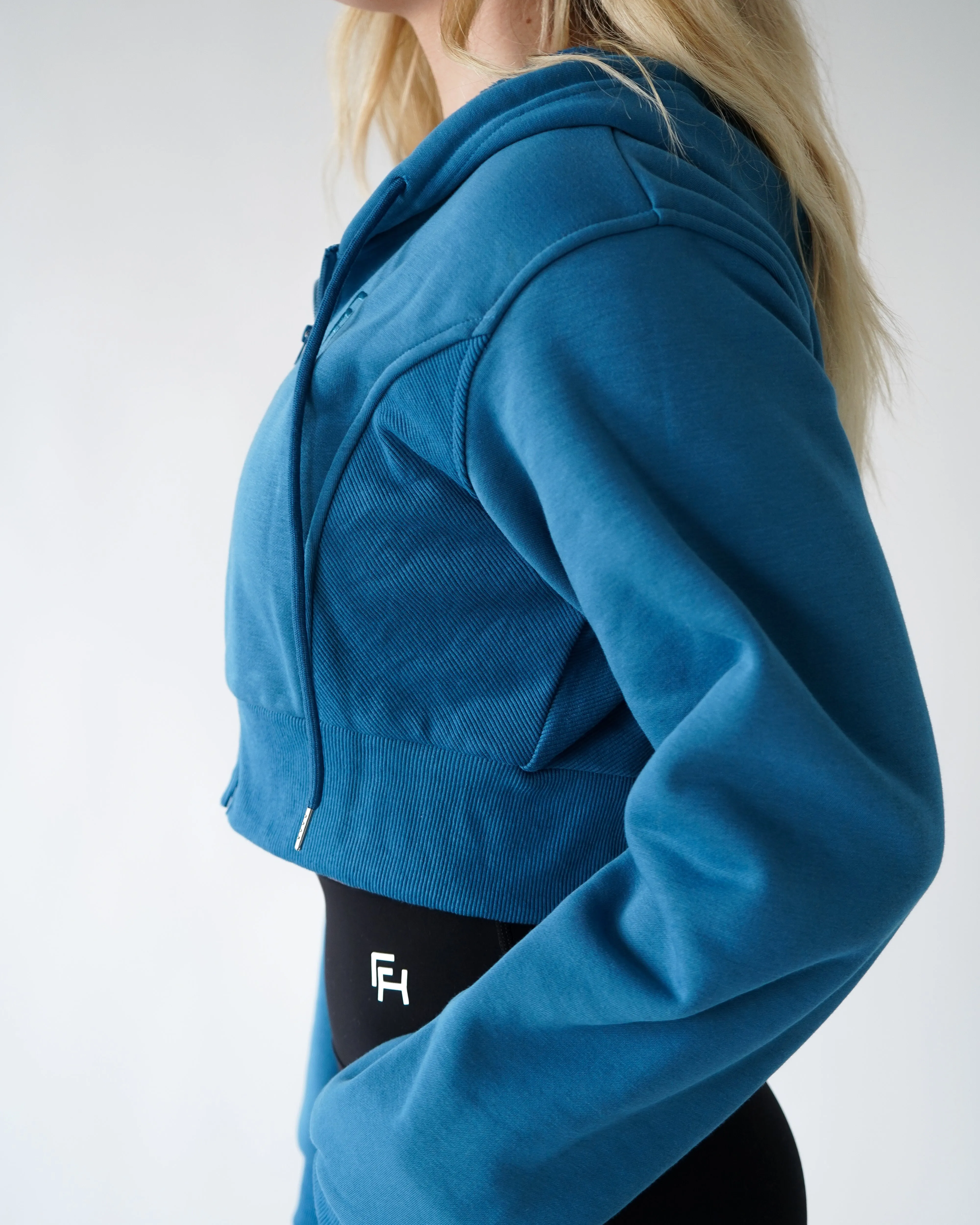 Lounge Cropped Zip-Up Hoodie - Cyan