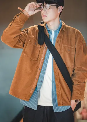 Maden Men Vintage Corduroy Shirt Tooling Multi Pockets Solid Turn-down Collar Single-breast Loose Casual Jacket High Street