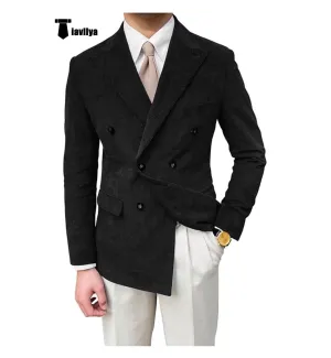 Men's Vintage Corduroy Peak Lapel Double Breasted Jacket Sport Coat