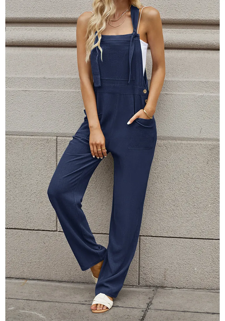 Navy Blue Women's Casual Baggy Linen Overall Summer Pockets Bib Overalls