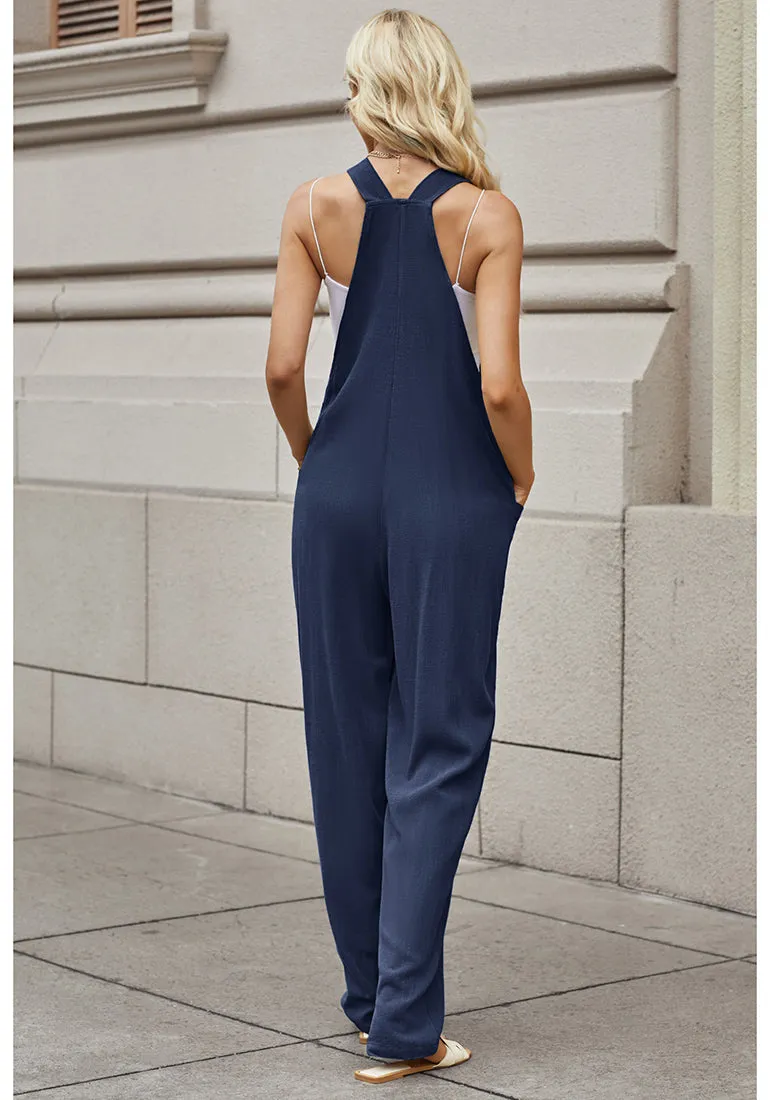 Navy Blue Women's Casual Baggy Linen Overall Summer Pockets Bib Overalls