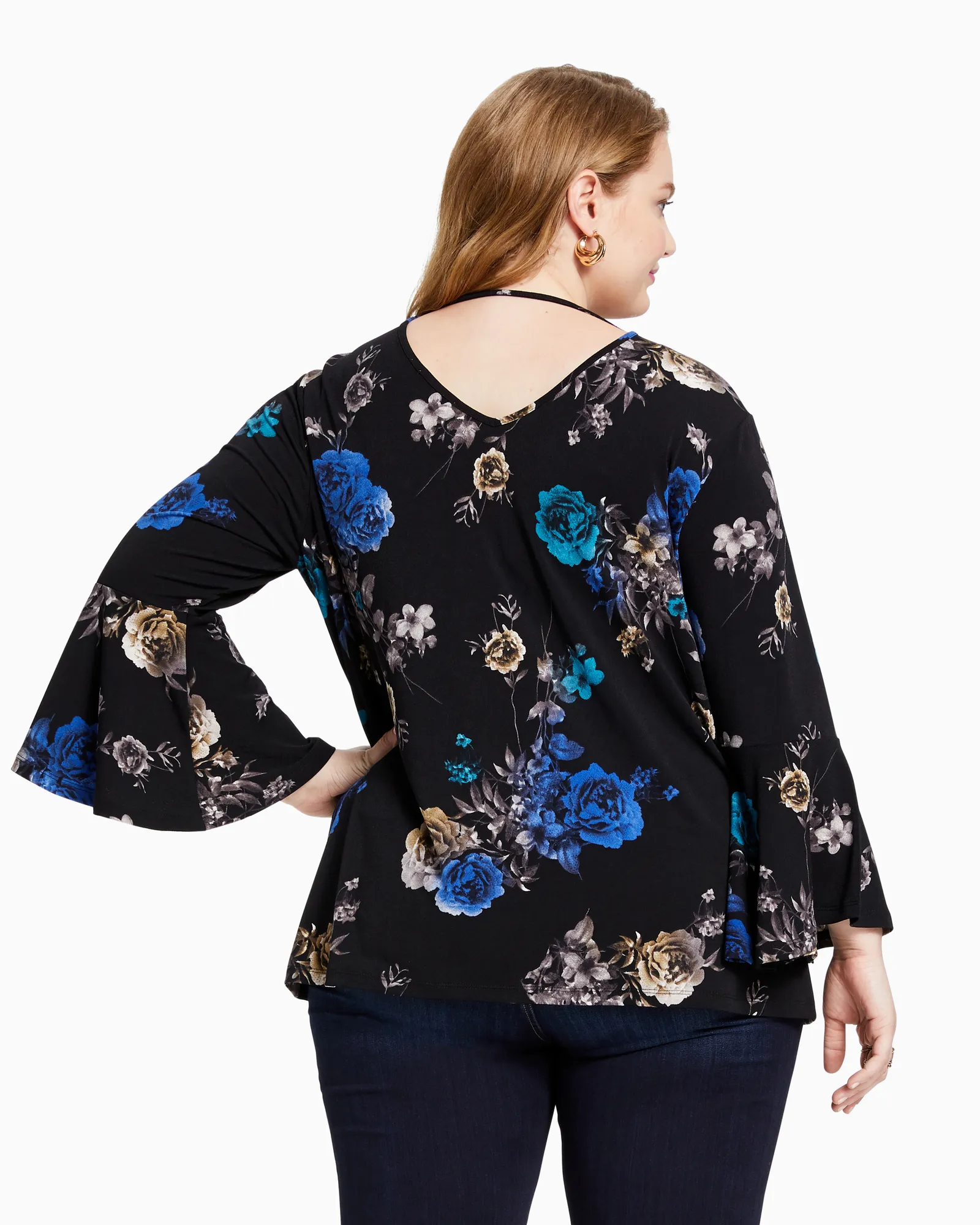 Paulina Flared Sleeve Blouse | Black / Royal Blue