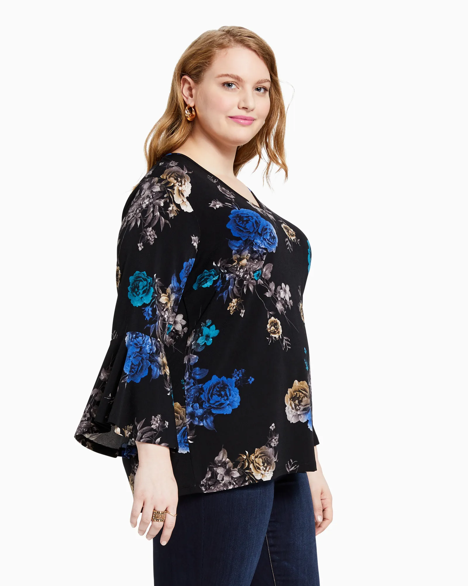 Paulina Flared Sleeve Blouse | Black / Royal Blue