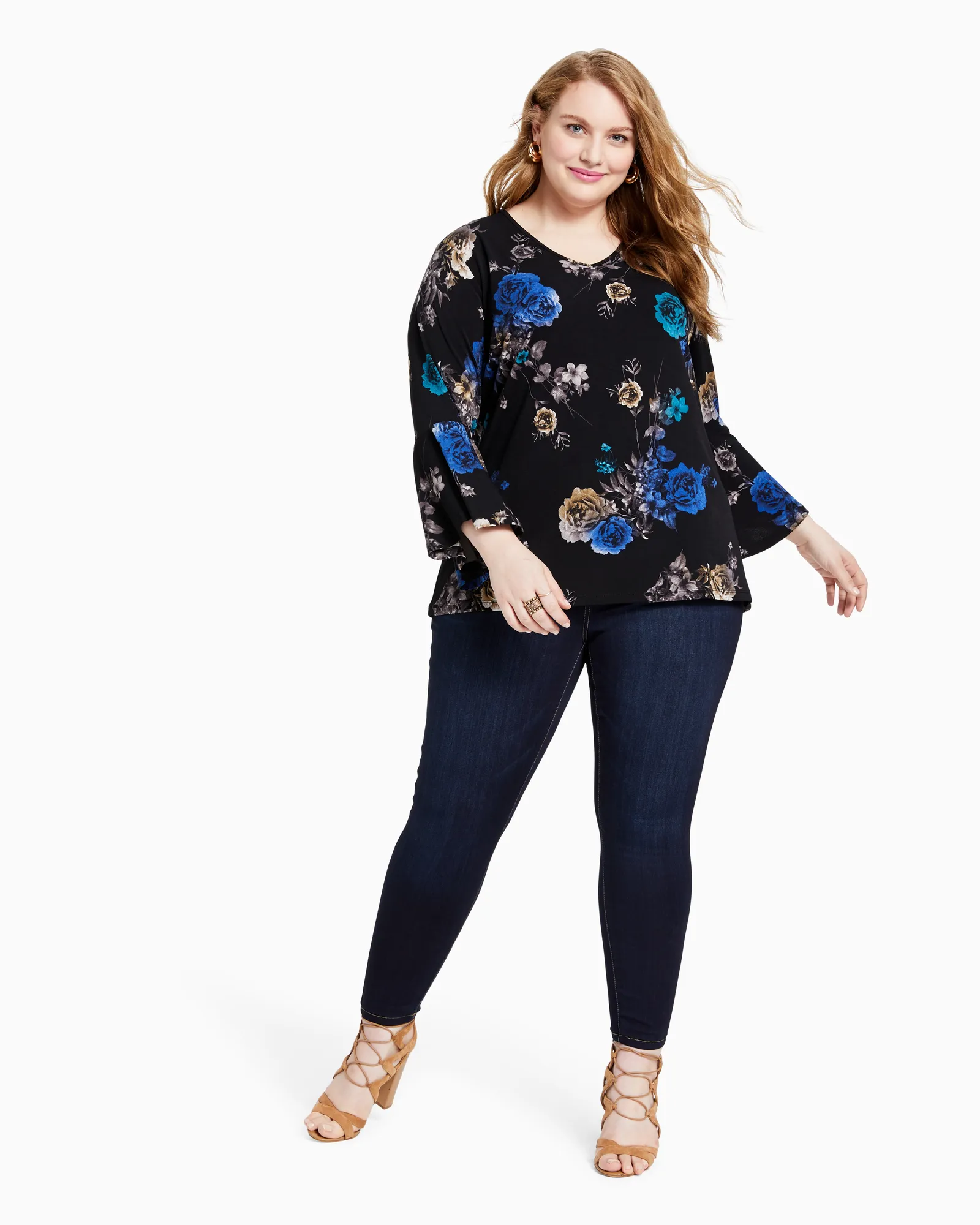 Paulina Flared Sleeve Blouse | Black / Royal Blue