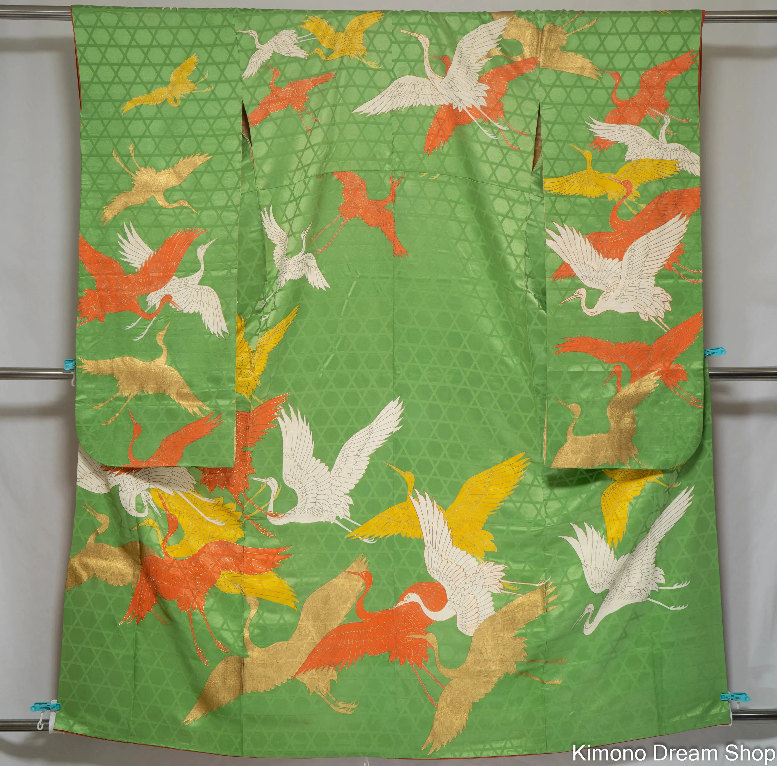 Retro 1980s Shiny Silk Furisode - Soaring Colorful Herons Furisode - Gold White Orange Yellow Tsuru Kimono - Shiny Green Silk
