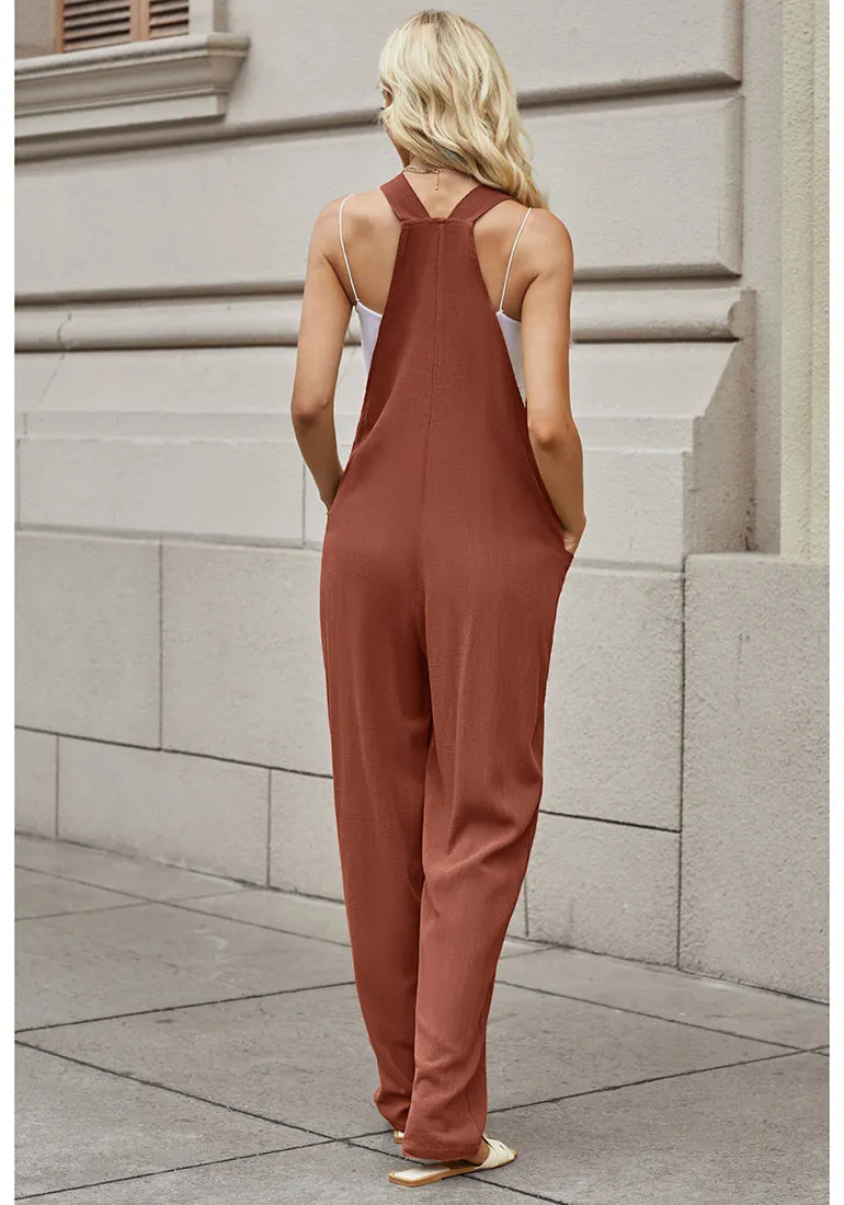 Rust Brown Women's Casual Baggy Linen Overall Summer Pockets Bib Overalls