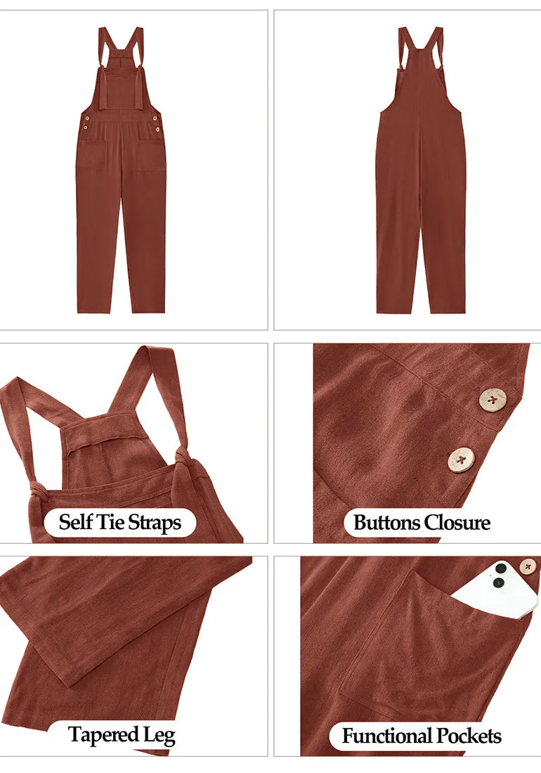 Rust Brown Women's Casual Baggy Linen Overall Summer Pockets Bib Overalls