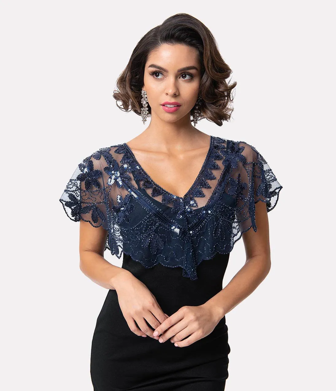 Unique Vintage 1920s Navy Mesh & Sequin Beaded Capelet
