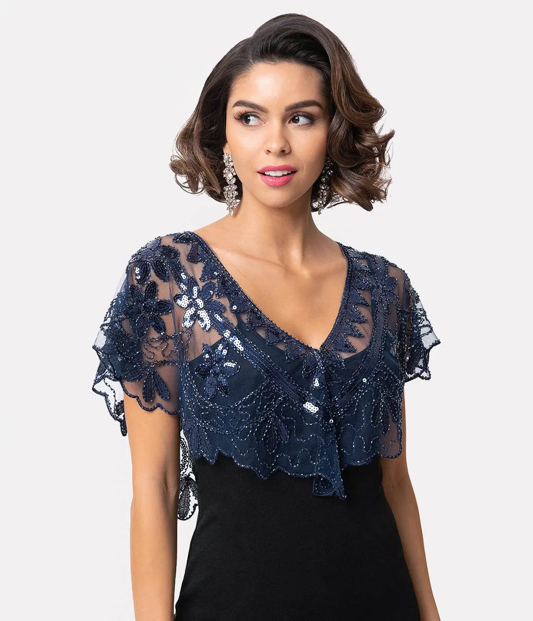 Unique Vintage 1920s Navy Mesh & Sequin Beaded Capelet