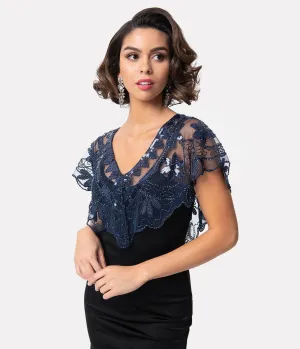 Unique Vintage 1920s Navy Mesh & Sequin Beaded Capelet