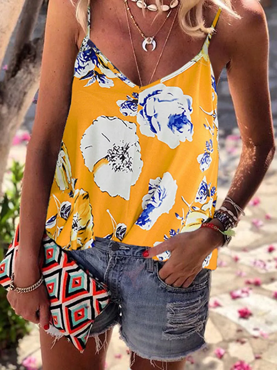 V-neck Sleeveless Floral Print Vest