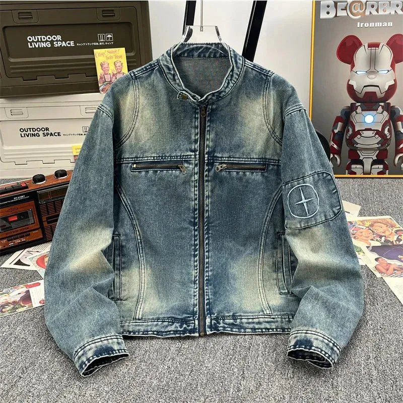 Wiaofellas   -  Men's Streetwear Hip Pop Washed Denim Jacket Stand Collar Fashion Cargos Pockets Zipper Coats Retro Popular Loose Outwear M-3XL