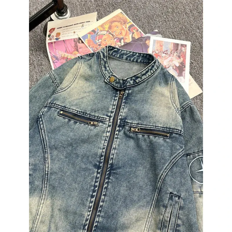 Wiaofellas   -  Men's Streetwear Hip Pop Washed Denim Jacket Stand Collar Fashion Cargos Pockets Zipper Coats Retro Popular Loose Outwear M-3XL